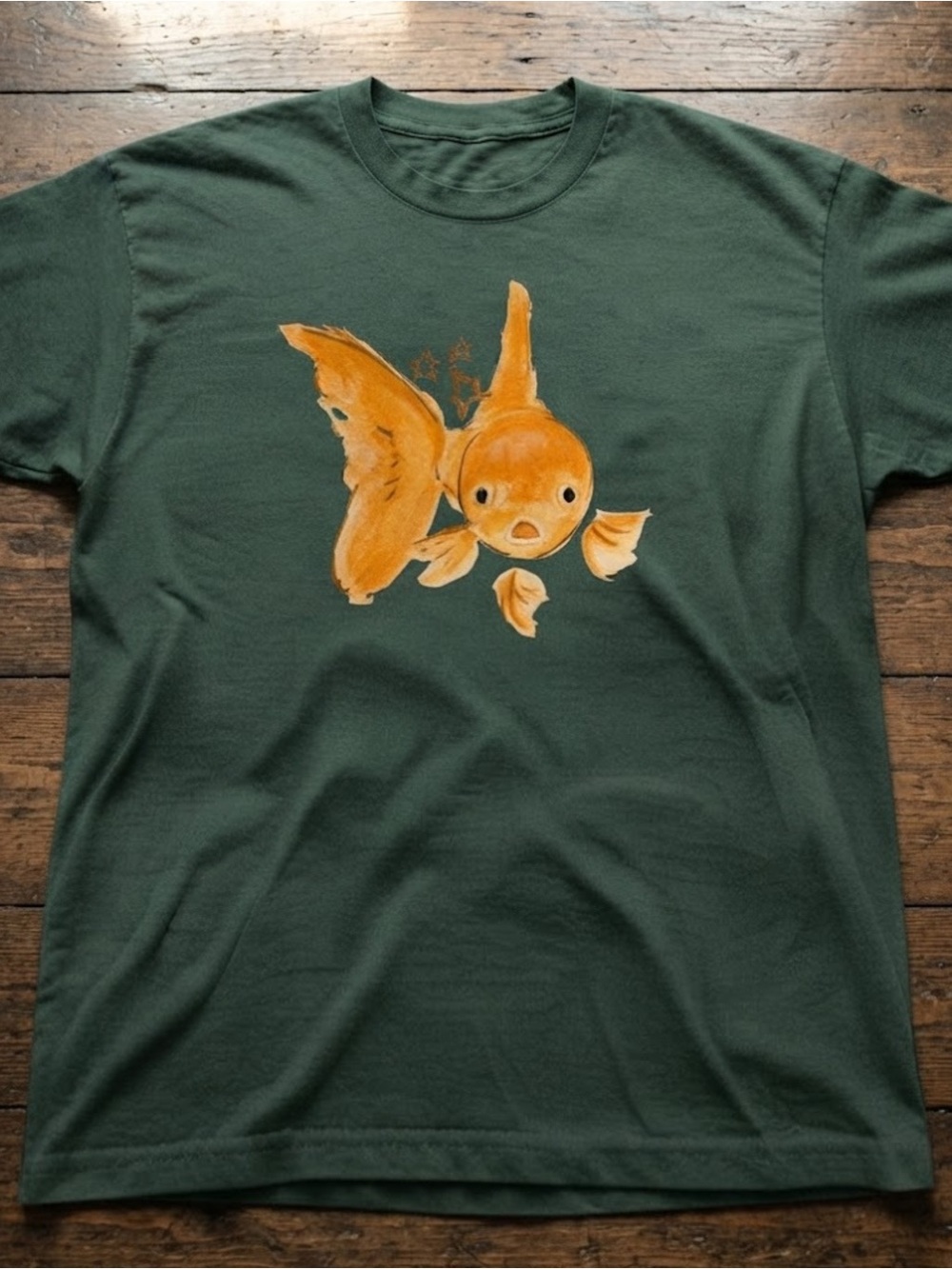 Goldfish Graphic Tee Gildan Dark Green Cotton Watercolor Fish Shirt
